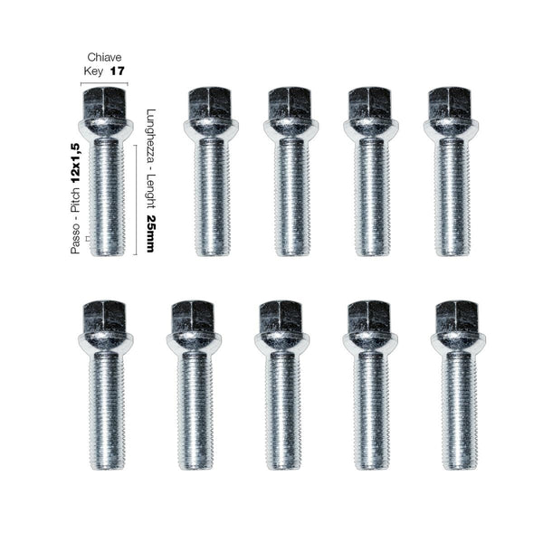 10 bulloni ch.17 12x1.5 l.25mm sferici