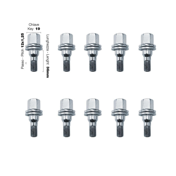 10 bulloni ch.19 12x1.25 l.36mm testa piatta