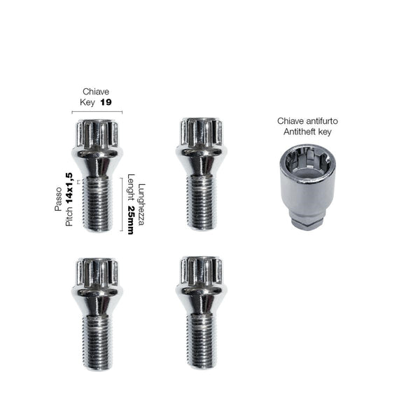 4 bulloni antifurto ch.17/19 14x1.5 l.25mm