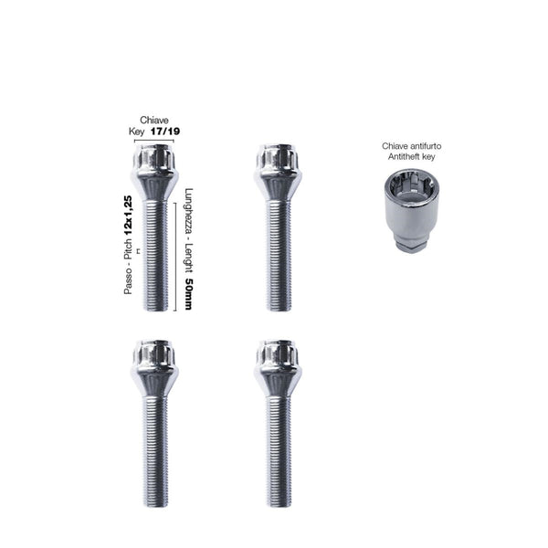 4 bulloni antifurto ch.17/19 12X1.25 l.50mm