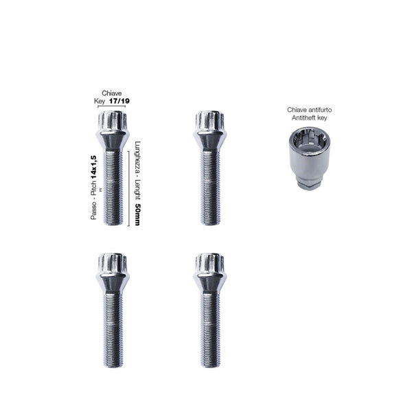 4 bulloni antifurto ch.17/19 14X1.5 l.50mm