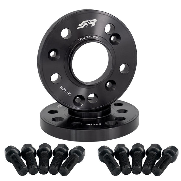 2 distanziali ruota neri 18mm 5x112 66,6 con bulloneria sferica