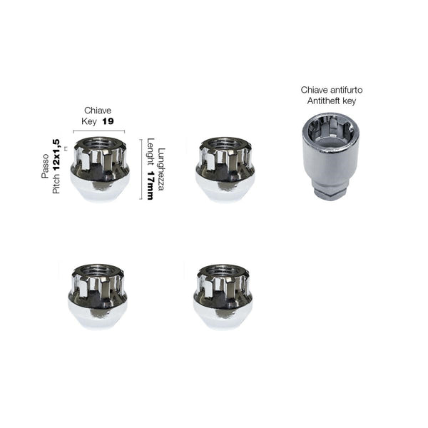 4 dadi antifurto ch.19 12x1.5 l.17mm